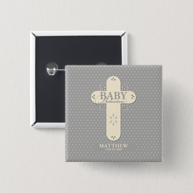 Badge Carré 5 Cm Personnaliser, Dédication bébé Crème et Croix gris (Devant & derrière)
