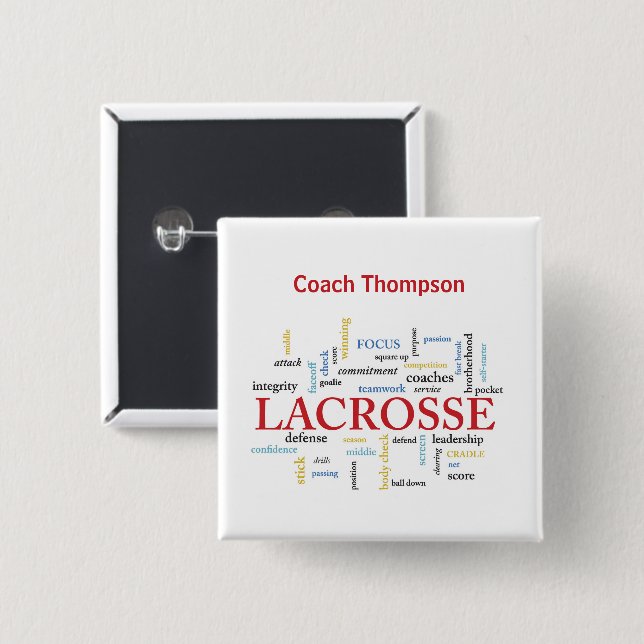 Badge Carré 5 Cm Personnaliser Nom Lacrosse Coach Merci Mots (Devant & derrière)