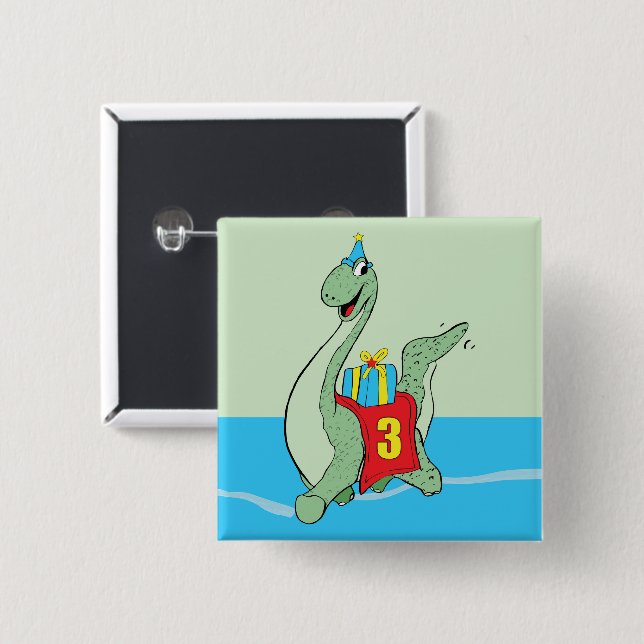 Badge Carré 5 Cm Petit garçon, 3e anniversaire Dinosaur (Devant & derrière)