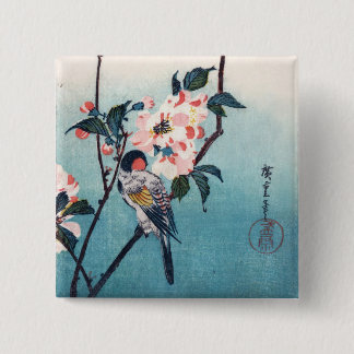 Badge Carré 5 Cm Petit Oiseau Sur Sakura Branche Hiroshige Art