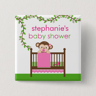 Badge Carré 5 Cm Petit singe dans un bouton de baby shower de fille