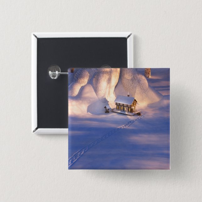 Badge Carré 5 Cm Petite maison dans le bouton Neige (Devant & derrière)