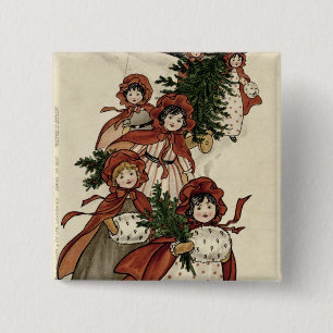 Badge Carré 5 Cm Petites filles avec le houx et l'arbre de Noël