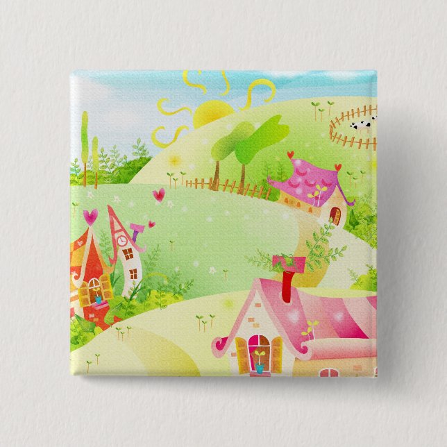 Badge Carré 5 Cm petites maisons roses (Devant)
