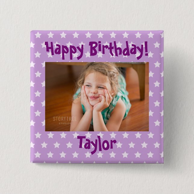 Badge Carré 5 Cm Photo Joyeux anniversaire violet et étoiles blanch (Devant)