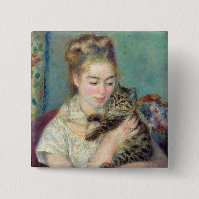 Badge Carré 5 Cm Pierre-Auguste Renoir - Femme avec chat (Devant)