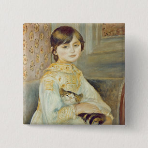 Badge Carré 5 Cm Pierre un Renoir   Julie Manet avec le chat
