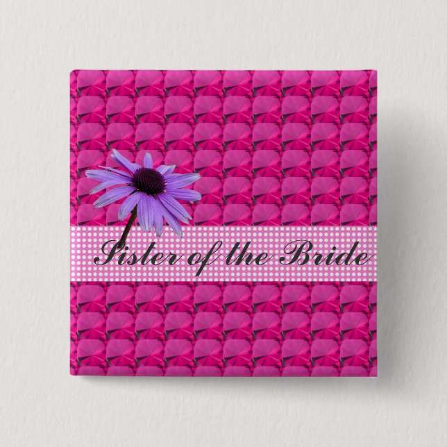 Badge Carré 5 Cm pierres précieuses roses et fleur marguerite (Devant)