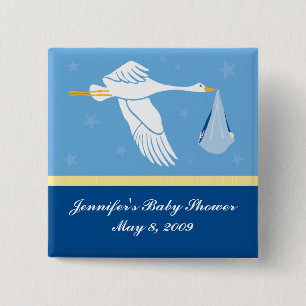 Badge Carré 5 Cm Pin de baby shower de cigogne - bleu