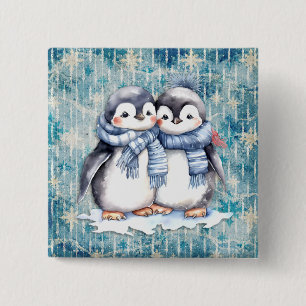 Badge Carré 5 Cm Pingouins D'Aquarelle Bleu D'Hiver Avec Écharpes