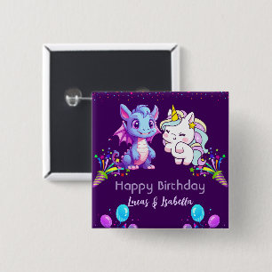 Badge Carré 5 Cm Pink Cute Unicorn dinosaures arc-en-ciel fête d'an