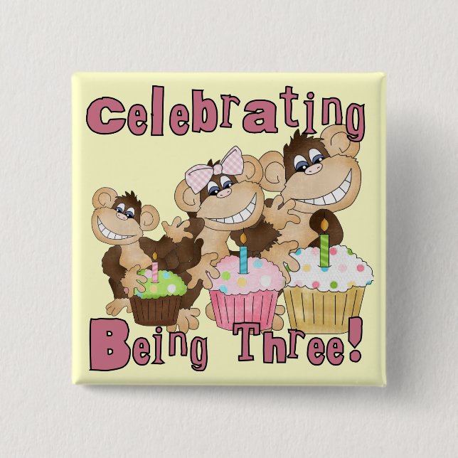 Badge Carré 5 Cm Pink Party Monkey 3e Anniversaire Tshirts et cadea (Devant)