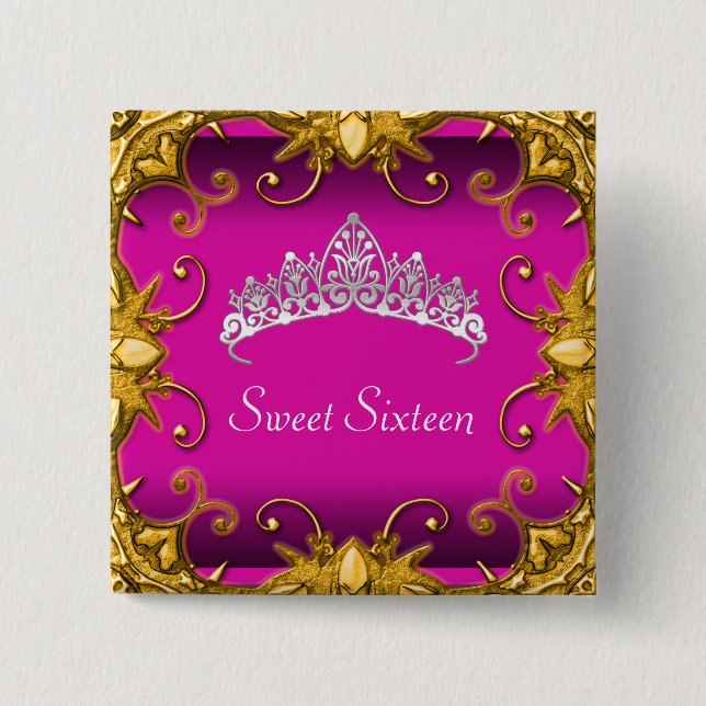 Badge Carré 5 Cm Pink Sweet 16 Anniversaire Party Gold White Tiara (Devant)