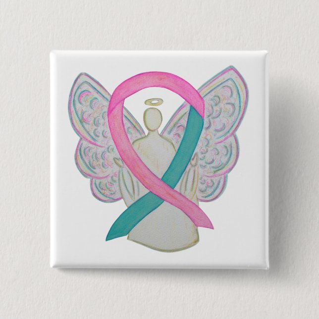 Badge Carré 5 Cm Pins Bouton Angel rose et Turquoise de sensibilisa (Devant)