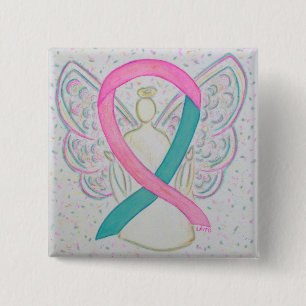 Badge Carré 5 Cm Pins Bouton Angel rose et Turquoise de sensibilisa