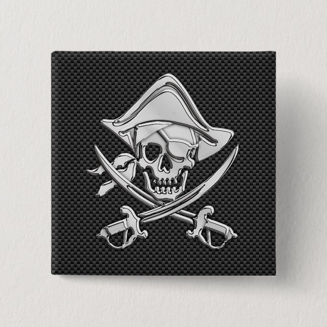 Badge Carré 5 Cm Pirate d'argent sur le socle noir en fibre de carb (Devant)