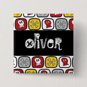 Badge Carré 5 Cm Pirate Skulls & Bones Kid Anniversaire Nom de la f