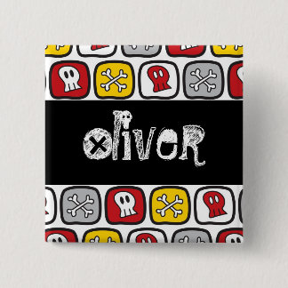 Badge Carré 5 Cm Pirate Skulls & Bones Kid Anniversaire Nom de la f