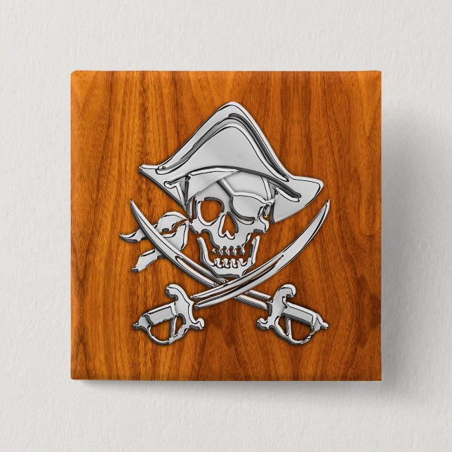 Badge Carré 5 Cm Pirate sur bois de teck (Devant)