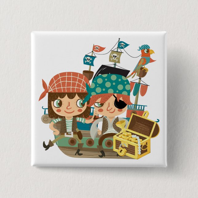 Badge Carré 5 Cm Pirates avec le trésor (Devant)