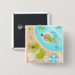 Badge Carré 5 Cm Piscine mec sur la plage tropicale estivale vacanc