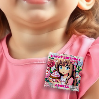 Badge Carré 5 Cm Pixel Art Girl's rose Anniversaire fille personnal
