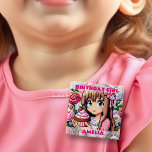Badge Carré 5 Cm Pixel Art Girl's rose Anniversaire fille personnal<br><div class="desc">Bouton Personnalisé Anniversaire fille avec un joli thème de jeu vidéo pixel art. Jolie petite fille avec un cupcake entouré de fleurs et de pixels pour donner une ambiance de jeu.</div>