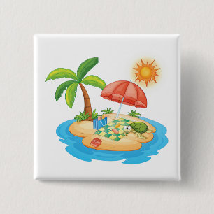 Badge Carré 5 Cm Plage de l'île tropicale Tortue Palmier Pique-niqu