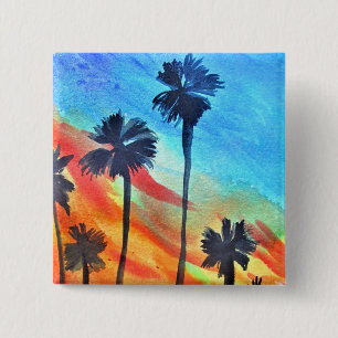 Badge Carré 5 Cm Plage de Sunset Palm Tree art surf