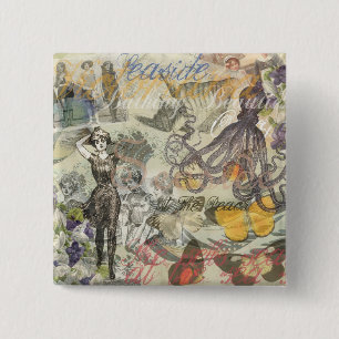 Badge Carré 5 Cm Plage du poulpe Antique Coastal Steampunk