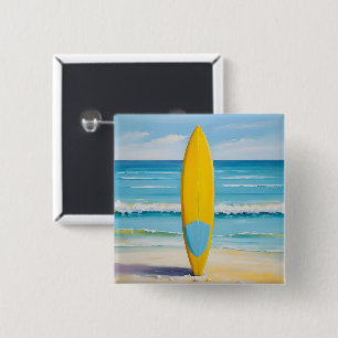 Badge Carré 5 Cm Planche de surf bleue et jaune sur la plage