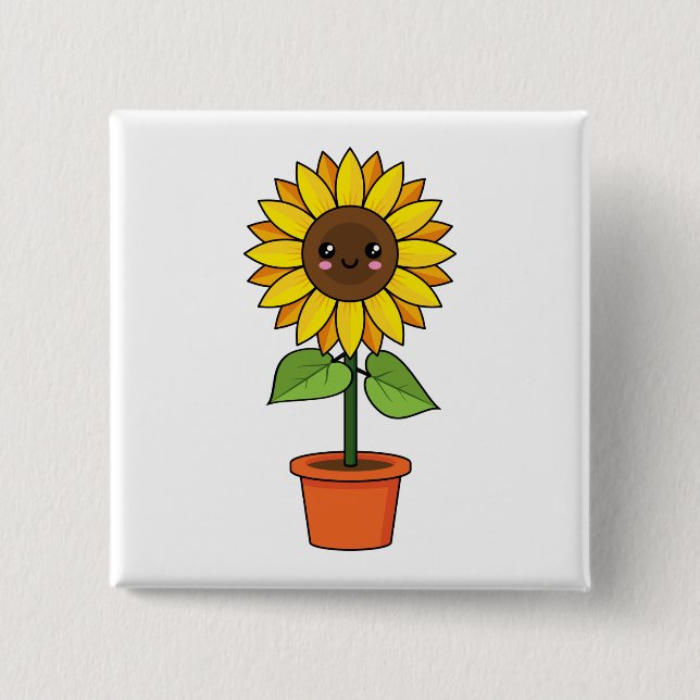 Badge Carré 5 Cm Plante de tournesol Kawaii dans un pot (Devant)