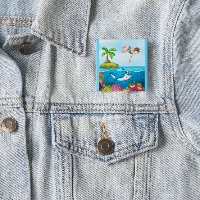 Badge Carré 5 Cm Plongée Dans L'Océan Aimable Requin Coral Reef (Créateur téléchargé)