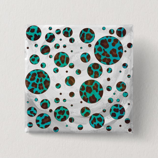Badge Carré 5 Cm Points Leopard Brown et Turquoise PrintPolka (Devant)