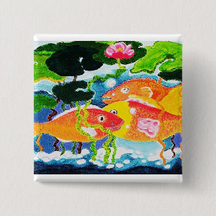 Badge Carré 5 Cm Poisson d'or et nénuphar