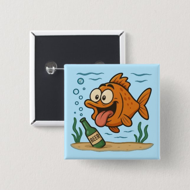 Badge Carré 5 Cm Poisson et bière (Devant & derrière)
