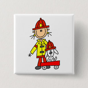 Badge Carré 5 Cm Pompier bonhomme allumette avec dalmatien