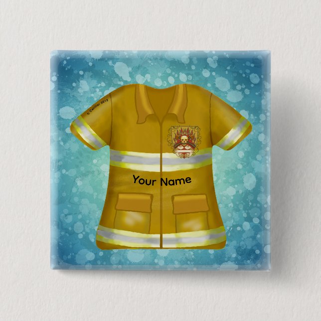 Badge Carré 5 Cm Pompier Bouclier Flammes (Devant)