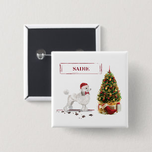 Badge Carré 5 Cm Poodle blanc Funny Chien de Noël avec arbre