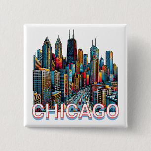 Badge Carré 5 Cm Pop art Comic Book Chicago, Illinois Skyline