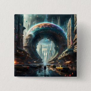 Badge Carré 5 Cm Portail futuriste de la planète Alien avec Porte m