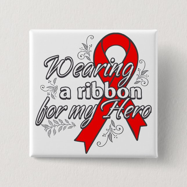 Badge Carré 5 Cm Porter un ruban rouge pour mon héros (Devant)