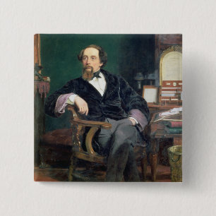 Badge Carré 5 Cm Portrait de Charles Dickens (huile sur la toile)