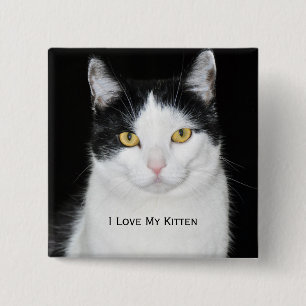 Badge Carré 5 Cm Portrait de chat noir et blanc