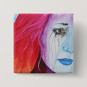 Badge Carré 5 Cm Portrait de femme surréaliste arc-en-ciel perdant 