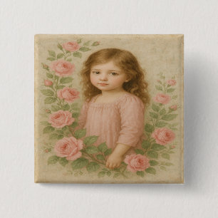 Badge Carré 5 Cm Portrait de fille Rose vintage