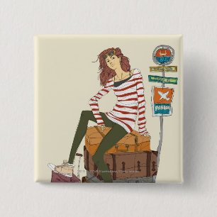 Badge Carré 5 Cm Portrait de jeune femme se reposant sur la valise