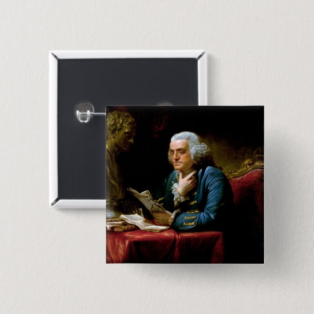 Badge Carré 5 Cm Portrait en miniature, Benjamin Franklin Père fond (Devant & derrière)