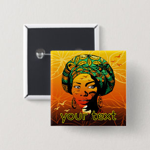 Badge Carré 5 Cm Portrait féminin africain avec coucher de soleil