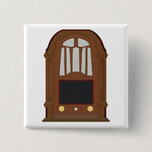 Badge Carré 5 Cm Poste Radio à Lampes Vintage en Bois Antique Stéré